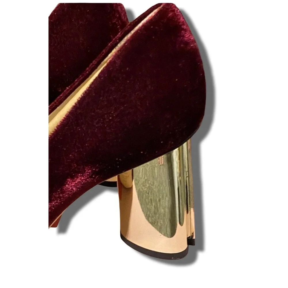 Kate Spade Sybil Pump Cherrywood Burgundy Velvet Gold Rhinestone Block Heel 9.5M
